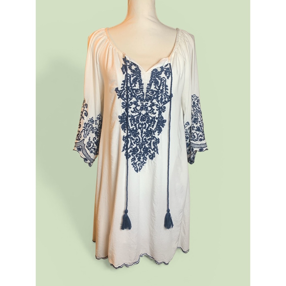 Chic Connection Women White Navy Blue Embroidered Boho‎ Tassel Mini Dress XL P